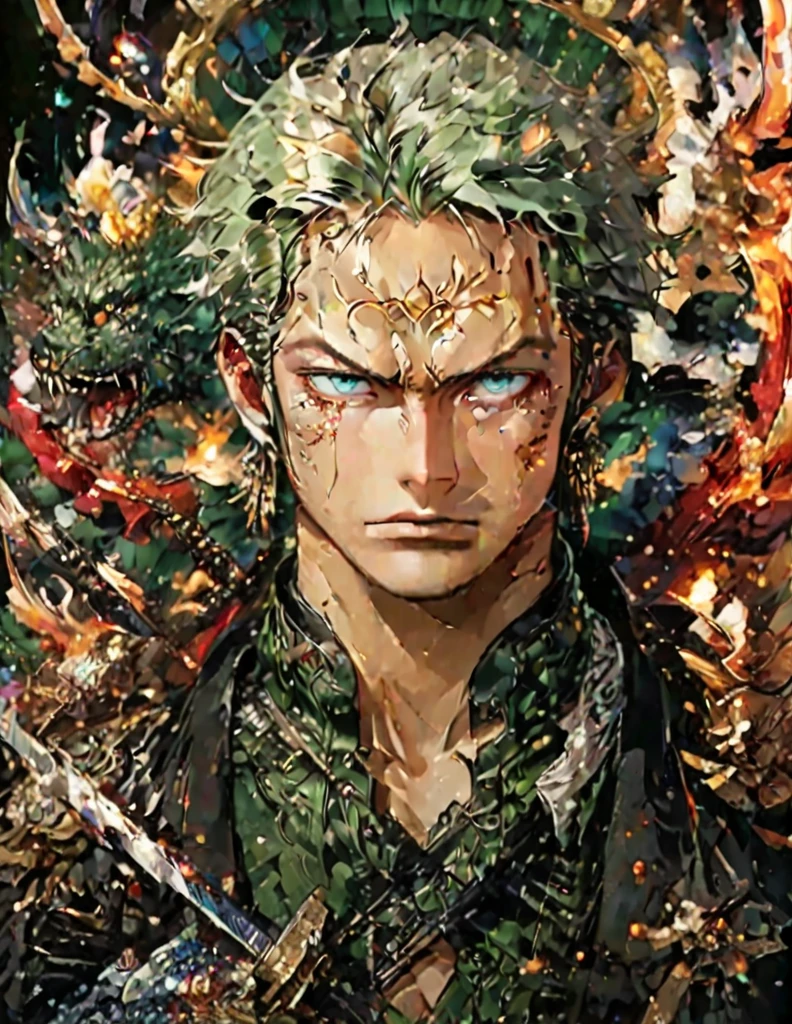 Roronoa Zoro from anime one piece. Three swords. Posed. Best angle. Samurai. Particle fire. Dragon circle. Art style of wano arc and modern. symmetrical epic fantasy art, el bosco and dan mumford, inspired by tomasz alen kopera, anton fadeev and dan mumford, painting by dan mumford, symmetrical fantasy landscape, portal to another world, a portal to the lost flame realm. (absurdres, highres, ultra detailed), 1 male, young adult, handsome, tall muscular guy, broad shoulders, green hair, green eyes, finely detailed eyes and detailed face, extremely detailed CG unity 8k wallpaper, intricate details, (style-swirlmagic:1.2), portrait, looking at viewer, solo, (full body:0.6), dynamic pose, detailed background, red aura, tangle, zentangle, entangle, red coat, gold amulet, dark shirt, black pants, gold detailing, sparkling red mist, floating red droplets, red energy emanating, urban area, night