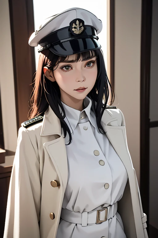 Highest quality　High resolution　Simple　White military uniform with a stand-up collar　army officers　military cap　class seal　white open coat　Baggy　Long bangs　Adult female　Casual expression　cute　Strong posture　Dynamic Lighting　