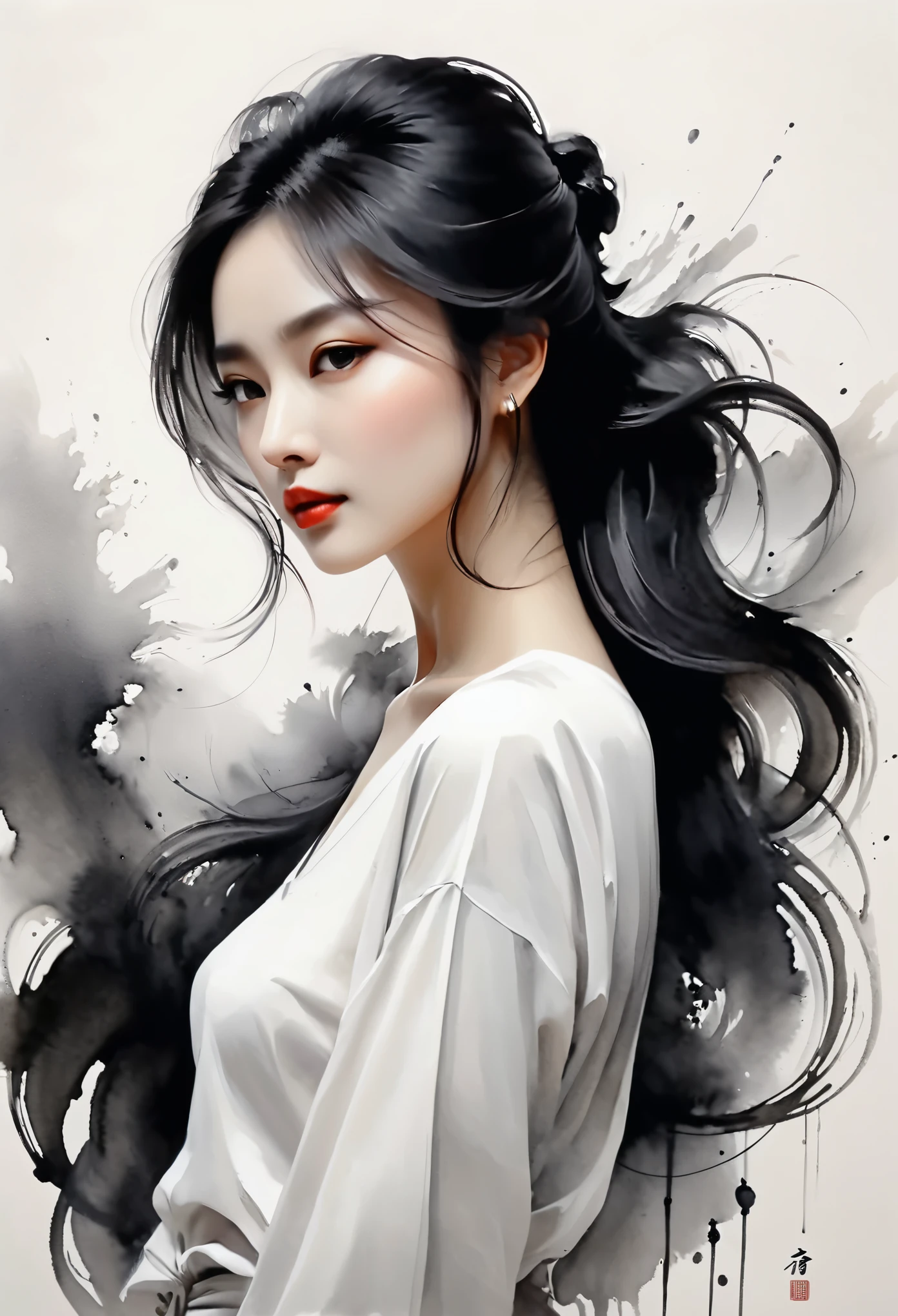 Kizi,ink painting,soft brushstrokes,Draw delicate lines with a pen,Fluid action,Subtle ink tones,elegant posture,calm look,delicate features,black andwhite,to clean