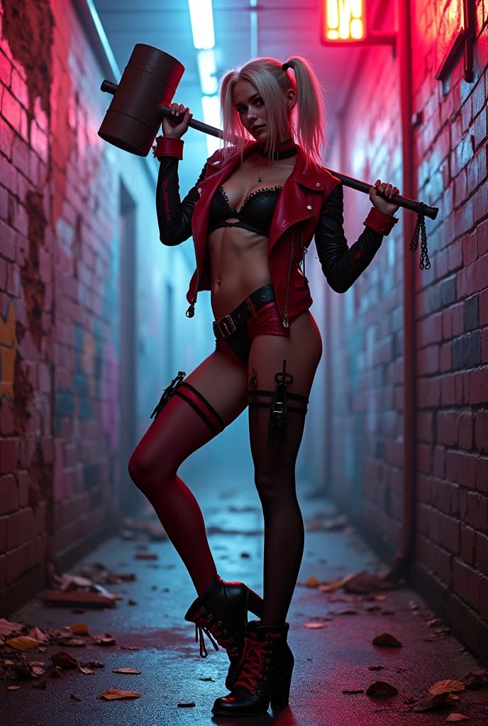 full body dark evil sensual sexy beautiful harley quinn with an evil smile on his face, piercing half-closed eyes, muscular arms, long shapely thighs, thin waist, in a concrete-walled corridor of a dark prison