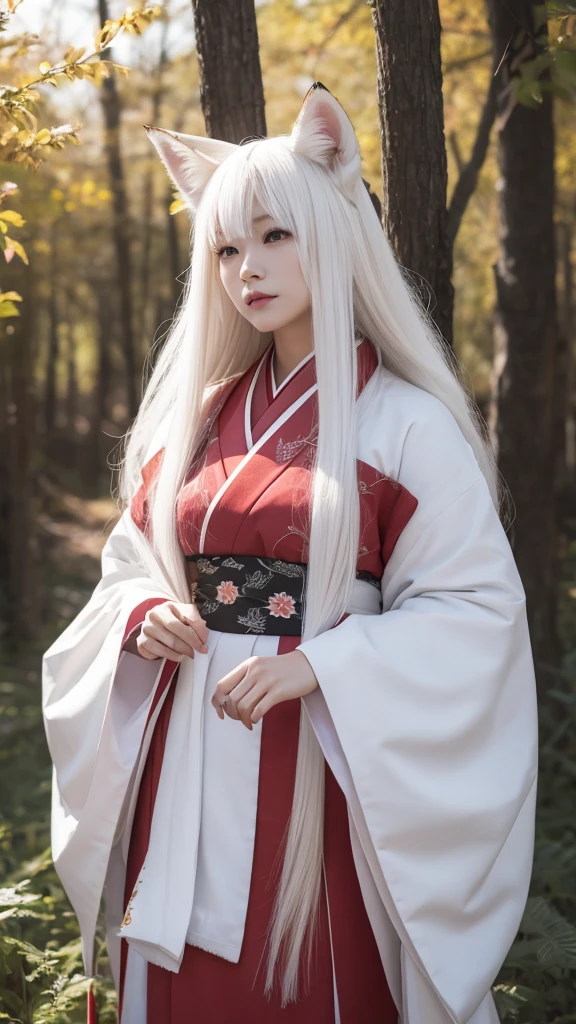 White Demon Fox、Nine-tailed Fox、Japanese women、kimono、Fair skin、Red lines on face、8K、I have long hair