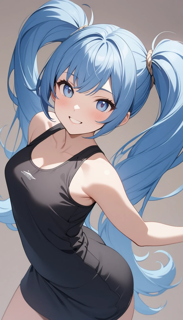 whole body, (female): 1girl, (solo), (perfect face), (detailed outfit), (little girl), beautiful female, smile (happy), (((blue hair:1.3))), long hair, twintails hair, blue eyes, (tank top), (background), (masterpiece:1.4), (best quality), (highres) (sharp focus),