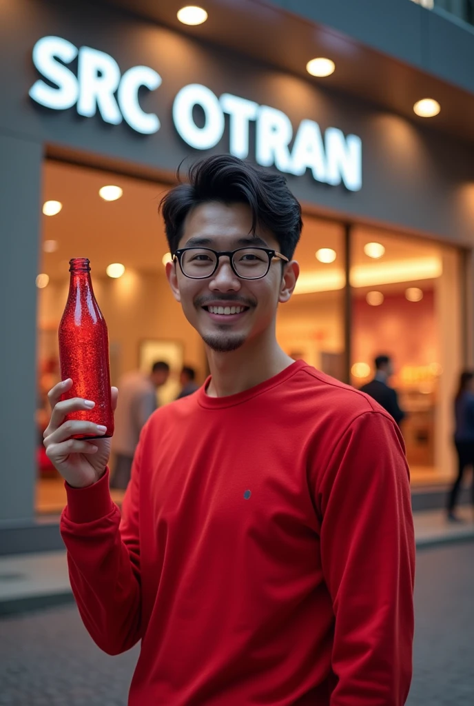 Create a 4D image of a man wearing a red shirt showing a red mineral water bottle in front of a modern retail store with the words SRC OTRAN written on it.