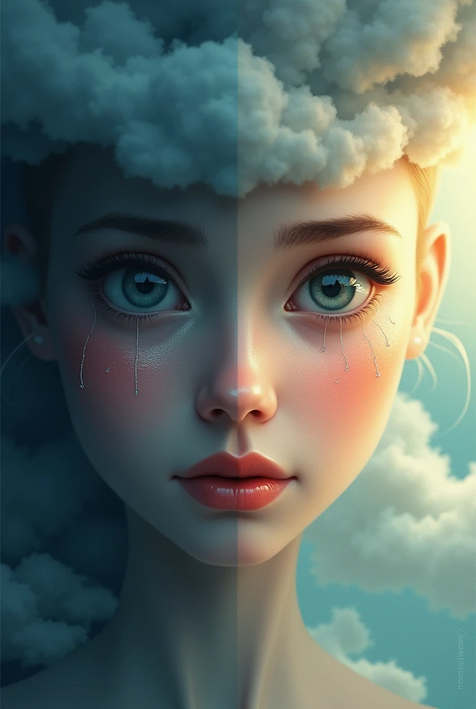 A split image: one side showing a sad face with dark clouds, the other side a happy face fading away.