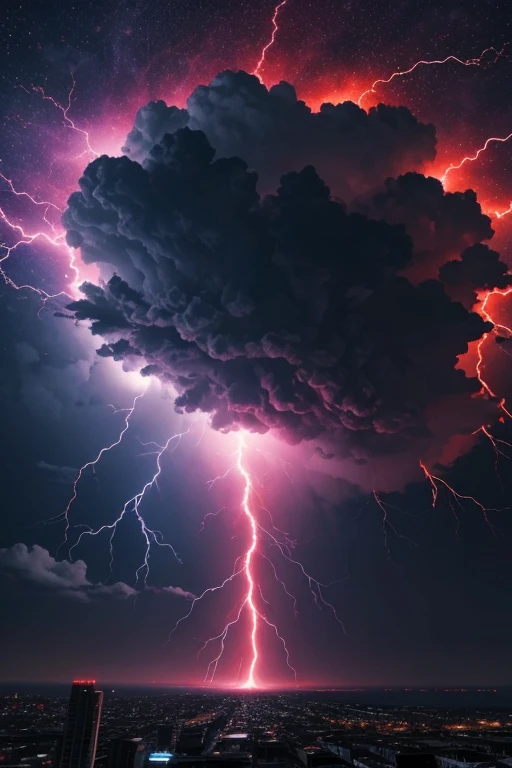 Giant Scarlet Super Thunder Bolt ,with mini red rays, yellows blues and purples, black clouds covering the entire sky below a ground all broken and cracked with the explosion of lightning