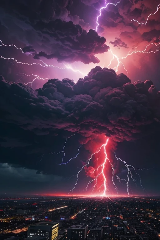 Giant Scarlet Super Thunder Bolt ,with mini red rays, yellows blues and purples, black clouds covering the entire sky below a ground all broken and cracked with the explosion of lightning 