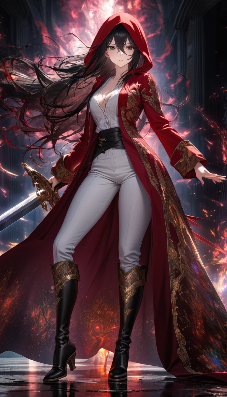 Best Quality, super fine, 16k, incredibly absurd, extremely detailed, delicate and dynamic, Beautiful and pretty swordswoman, great holy sword, Long coat with red hood and gold embroidery, hood up, white pants, long boots, Messy black hair and hair between the eyes., Effect of bright aura image