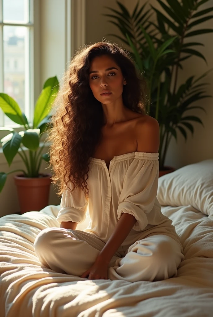 (photorealism:1.2), beautiful woman, sitting on bed, wearing loose off-shoulder top, pajama pants, long curly hair, indoors, soft lighting, plants in background, window with sunlight, cozy room, relaxed pose, realistic, intricate details, warm colors, by Greg Rutkowski, by Alphonse Mucha