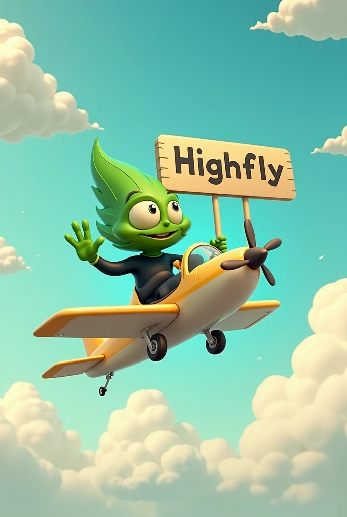 A character based on the cannabis leaf (humanoid in shape), wearing a black shirt and waving, riding in a small plane among the clouds all animated, with a sign above that says “Highfly”, a face a little more human, but not as human, more slender, with a vape in hand
