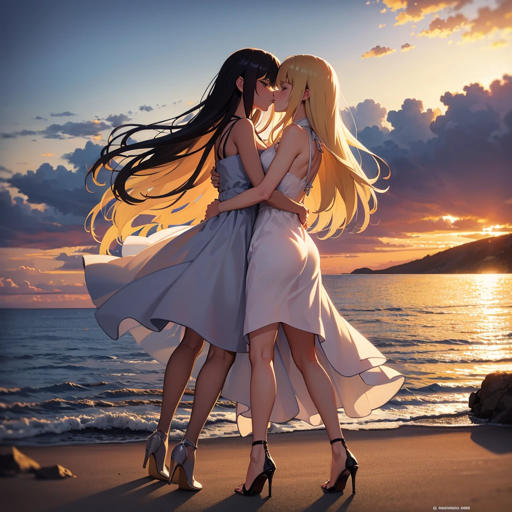 2 girls beautiful 13 years slim, long blonde hair and a black hair small swimsuit, Meer wellen Strand  Sommer  Sonnen untergang, kissing and holding hands, UHD, masterpiece, anatomically correct, high details, highres, best quality, super detail, 8k