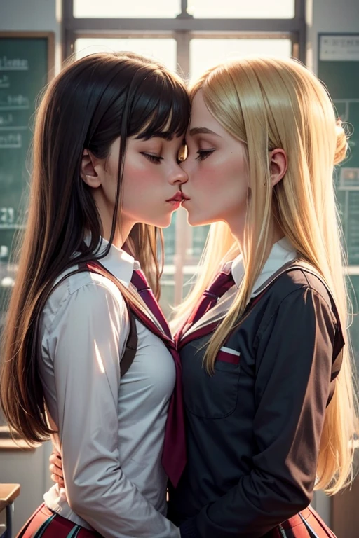  girls wearing school uniform ,A blonde girl kissing a brunette girl, inside the school&#39;s girls&#39; bathroom, hugging 