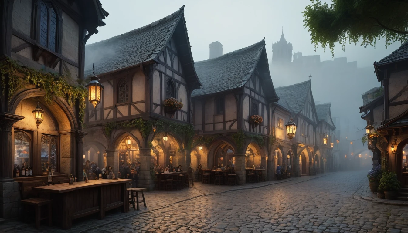 Anime style, a medieval fantasy RPG town, stone buildings, many people, bar, detailed architecture, cobblestone streets, medieval market, lanterns, warm lighting, renaissance era, ornate details, intricate designs, atmospheric fog, moody lighting, cinematic composition, dramatic lighting, photorealistic, 8k, high quality, highly detailed