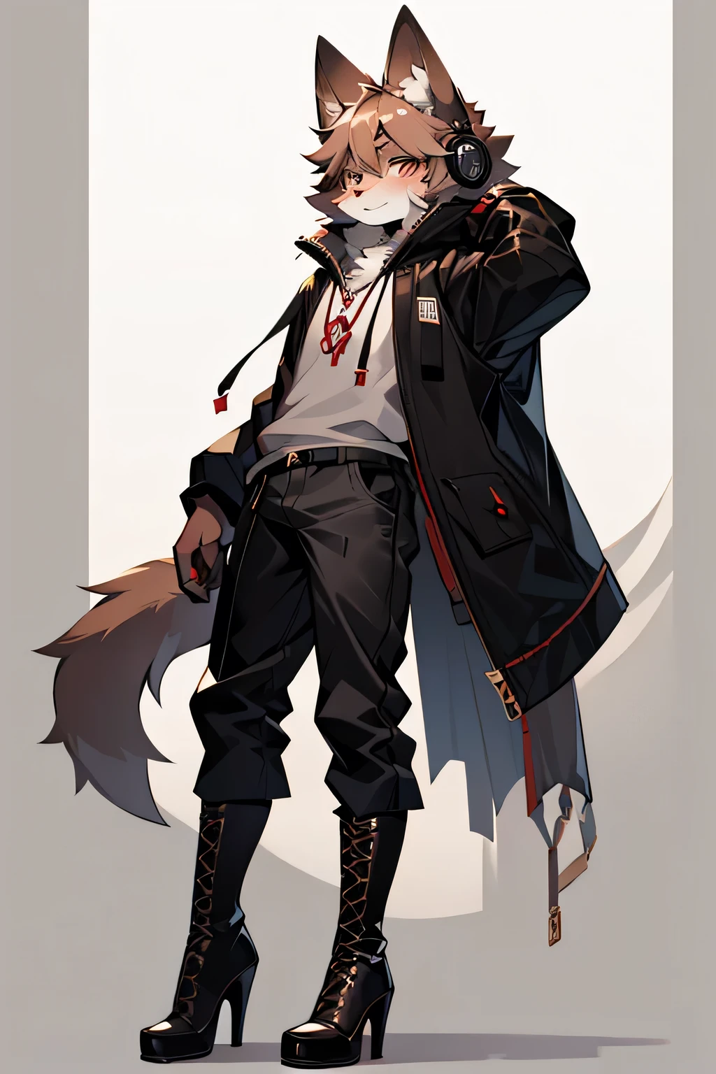 whole body,Beastman,Wolf,solo,Shota,headphone,Long Parka,Long trousers,Lace-up long boots,Stiletto heels