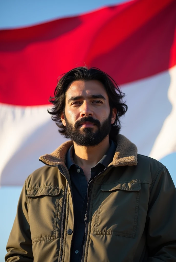 30 years old masculine jewish man, thin facial hair, full weight body, wavy black hair, short neck, straight front pose, half body portrait, outdoor outfit jacket, in front of Indonesia flag