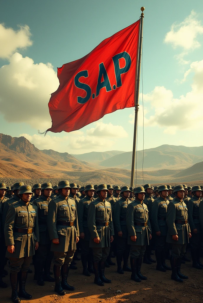 I want an army in rows with a flag that says S.a.p