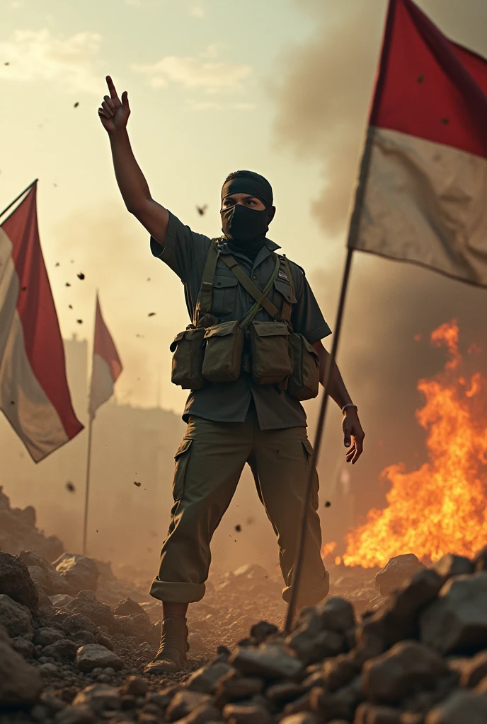 (photorealism:1.2), 1 youngman(soldier) with a mask, the angry patriot stabing the indonesian flags in to the grounds and the other hand is pointing to the skies, dust and rocks, war conflict, flames and destroyed buildings at years 45