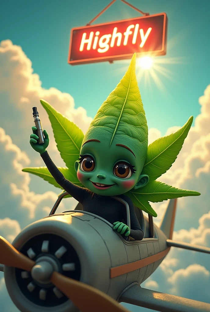 A character based on the cannabis leaf (humanoid in shape), wearing a black shirt and waving, riding in a small plane among the clouds all animated, with a sign above that says “Highfly”, a face a little more human, but not as human, more slender, with a vape in hand