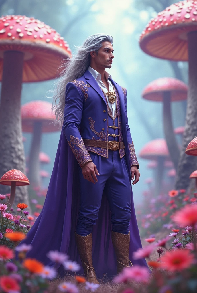 Prince man with purple eyes and gray hair (aesthetic) , that the prince is very attractive (beautiful, handsome in face and body), and that he is in wonderland