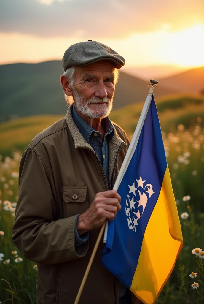 an old man with a flag of Bosnia Herzegovina in his hand