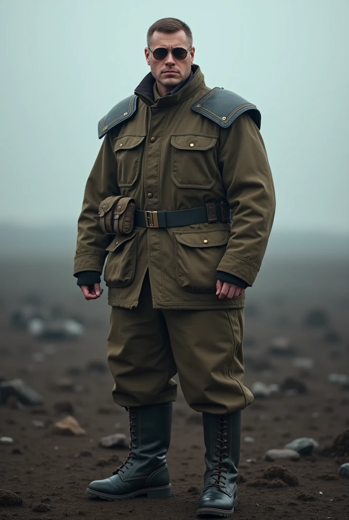 Russian with glasses, straight brown hair, with thick hair shoulder pads, brown military pants, big boots and lots of muscles