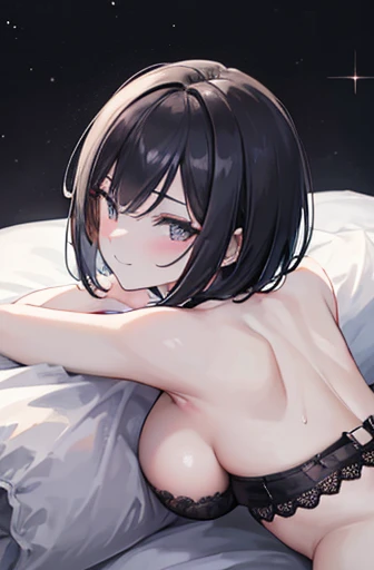 (1 person),(Best image quality, 8k, masterpiece:1.3),((Black bob haircut:1.1)),(Swept-apart bangs,Braiding), (Cute eyes, Dark Eyes), (Mole under right eye), (Standard weight), (Large Breasts),(Big Hips), (Glowing Skin:1.1),(Pale skin:1.2), (black lace bra, Black Thong,garter belt,Black knee-high socks),(Crotch close-up),(Sweat),(Love Hotel),(White bed),(Night view),(A fantastic atmosphere),(look up),Ultra-high resolution, Textured skin, Big Ass, Sparkle Effect, Spread your legs,Spread your legs,M字Spread your legs,Accentuate your butt,Hunchback,Braidinging,smile, Show me your crotch,Lying down,Sleep on your back,Gazing at the audience,Hold your thighs with both hands,look up,A seductive smile, blush