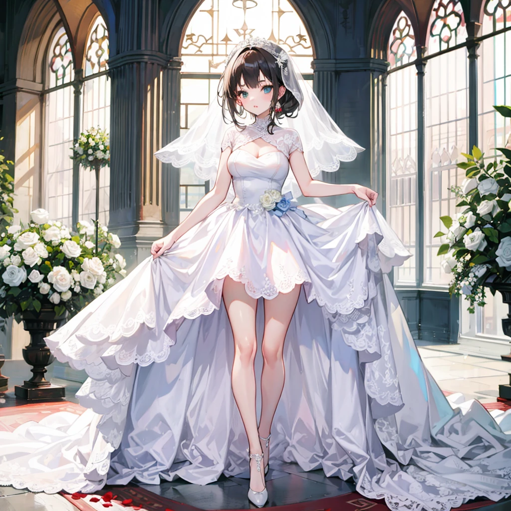 A girl, Wearing a wedding dress, White Wedding Dress, whole body, Slim, Long legs