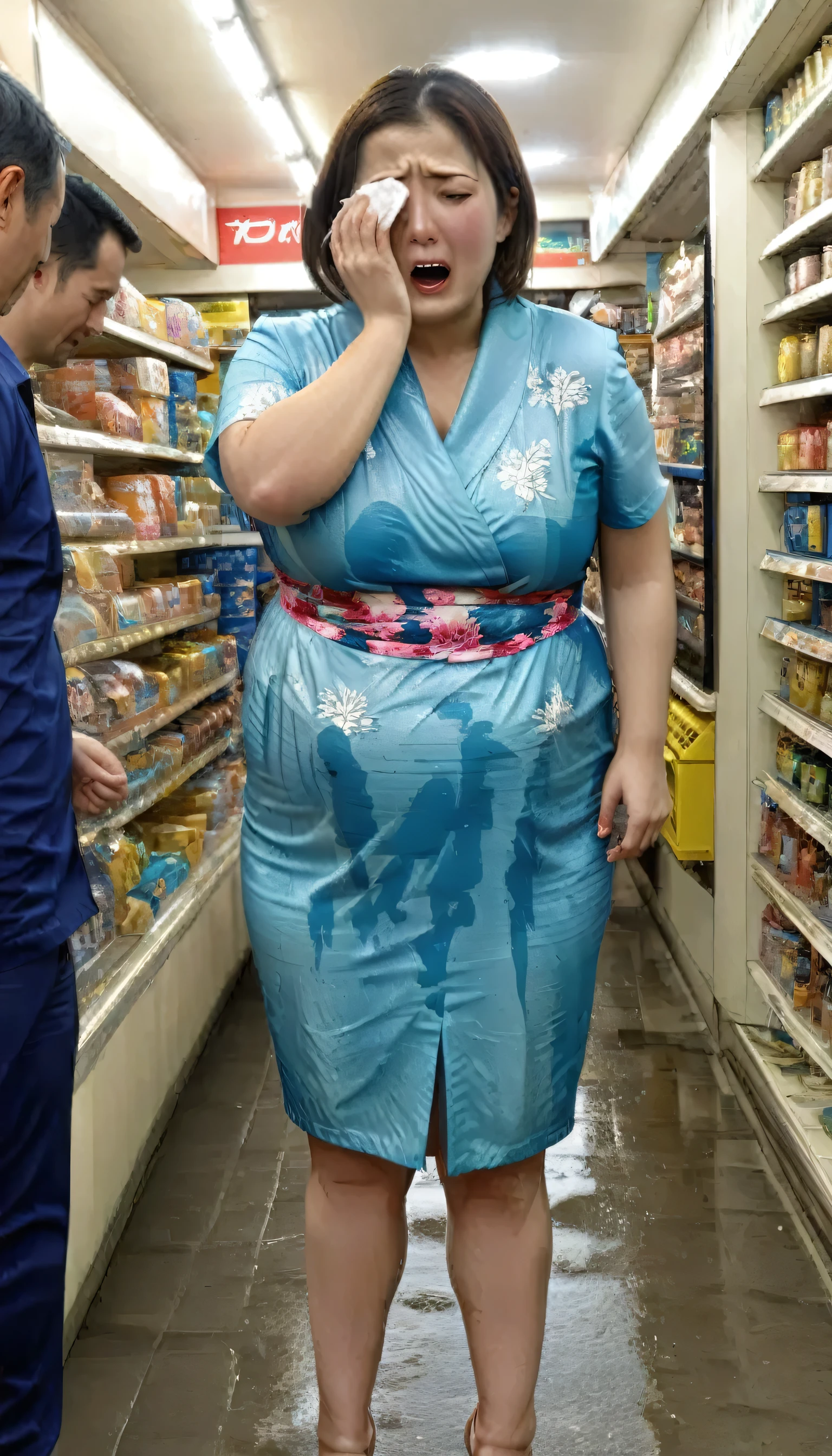 fullbody,(masterpiece:1.7),photo-realistic,16k,(A very beautiful, chubby Japanese woman in her 40s pees in front of a crowd at a Convenience store at night:1.5),(crowd:1.3),(chubby,plump:1.4),(right blue floral yukata:1.3),belt,sandals,(Her face is contorted with shame,she is crying:1.4),puddle of pee,(She has long brown hair and heavy makeup:1.6)