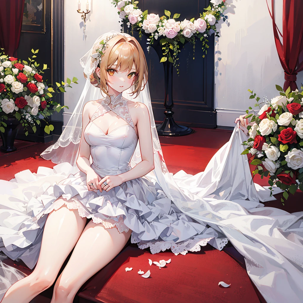 A girl, Wearing a wedding dress, White Wedding Dress, whole body, Slim, Long legs