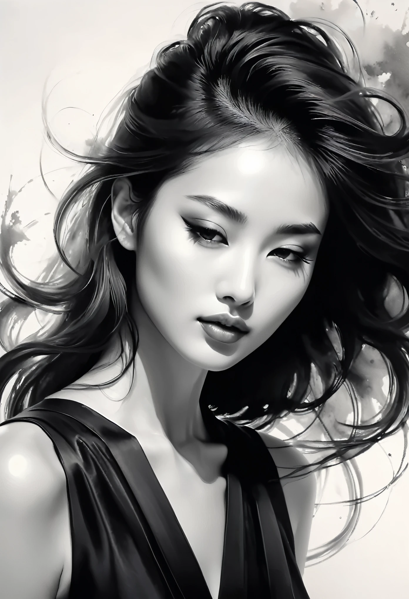Kizi,ink painting,soft brushstrokes,Draw delicate lines with a pen,Fluid action,Subtle ink tones,elegant posture,calm look,delicate features,black andwhite,to clean