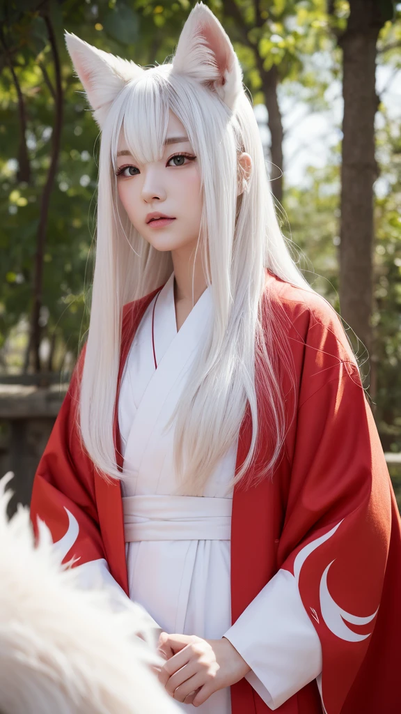 White Demon Fox、Nine-tailed Fox、Japanese women、kimono、Fair skin、Red lines on face、8K、I have long hair
