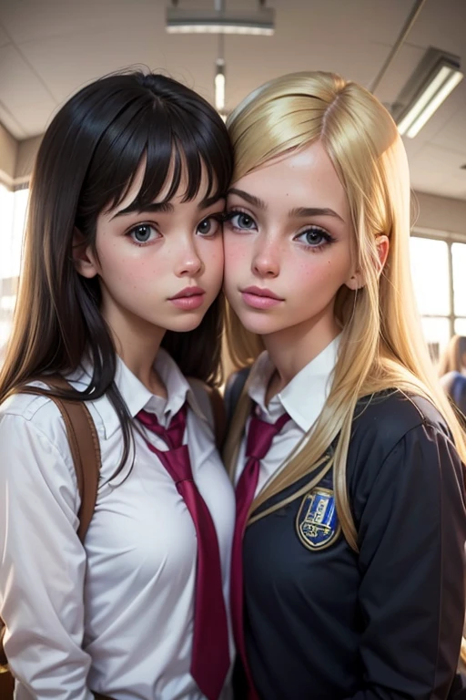 girls wearing school uniform ,A blonde girl kissing a brunette girl, inside the school's girls' bathroom, hugging