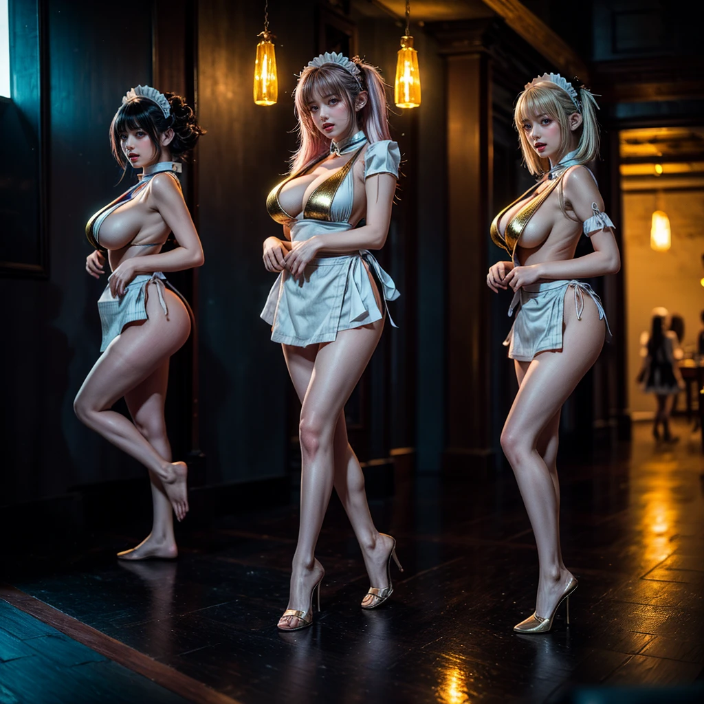 (Full Body of Extremely Detailed((Sexy Maid Group in a row:1.37))), KAWAII perfect face, Reflective Eyes, Detailed(Delicate Clothing textures), Correct Leg Line, Dynamic Joyful Expressions LifeLike Rendering, Specular Reflection, TopQuality 8K Ultra-detailed masterpiece (ProfessionalPhoto:1.37), (Acutance:0.8), (Luminism:1.28), Renaissance art style, Colorful Light particles, ((Full body from side)), {MicroMini Skirt|Kissing|Breast Lifting|Undressing|Thigh Gap|AssFocus|(NakedApron with Overflowing SideBoob)|[Gold NippleSticker]}, Radiant Fine Skin with Transparency, (Exposed:0.4), (Different types of Anime hair color){Pink Hair|LightBlue Hair|Platinum Blonde|Pure White Hair|Liquid Hair}, Perfect Lighting 