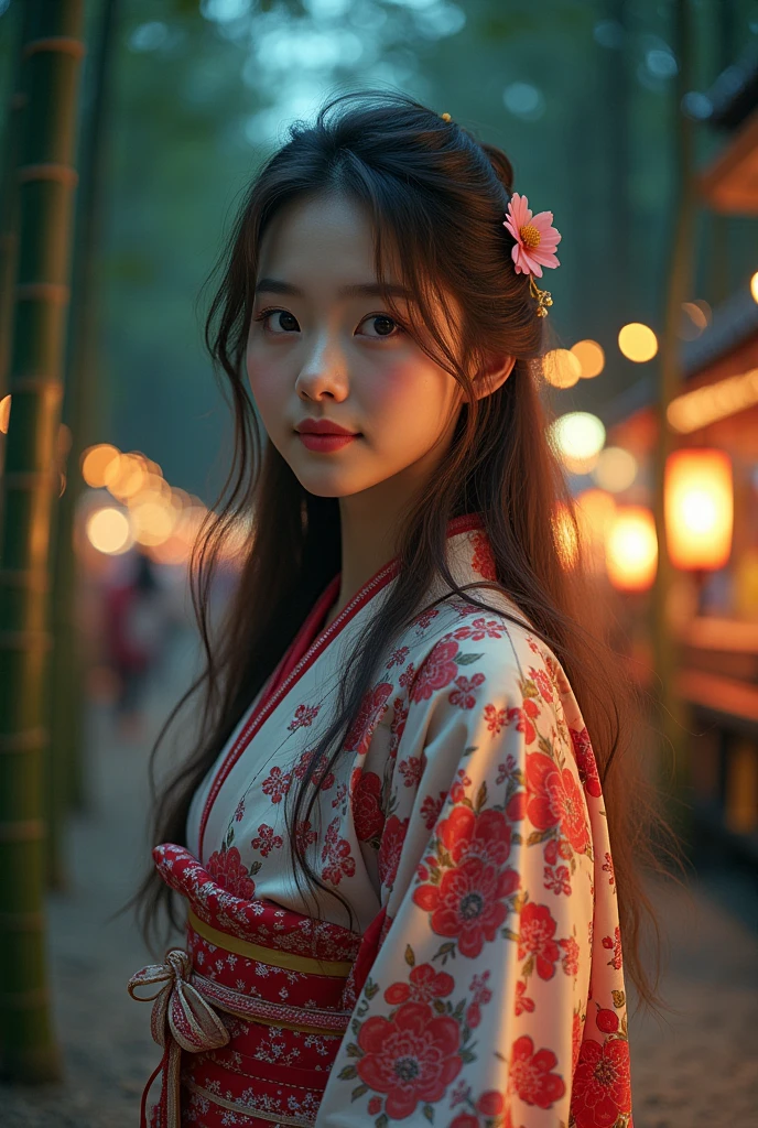 detailed detailed beautiful young woman wearing summer kimono, long brown hair, detailed face, big bright eyes, long eyelashes, detailed nose and lips, slight smile, standing in moonlit bamboo forest, fireflies glowing in the air, summer festival lights in the background, clogs on her feet, (best quality,4k,8k,highres,masterpiece:1.2),ultra-detailed,(realistic,photorealistic,photo-realistic:1.37),detailed intricate pattern on kimono, warm lighting, vibrant colors, cinematic composition,short hair