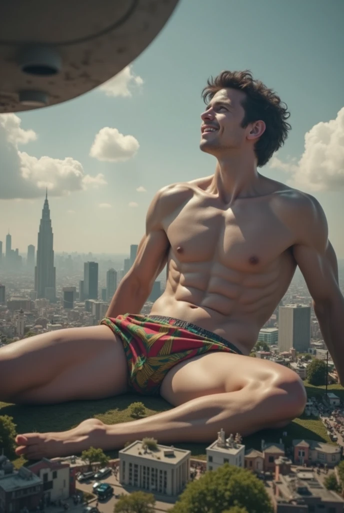 Giant Tom holland in a Speedo sitting on top of a tiny city
