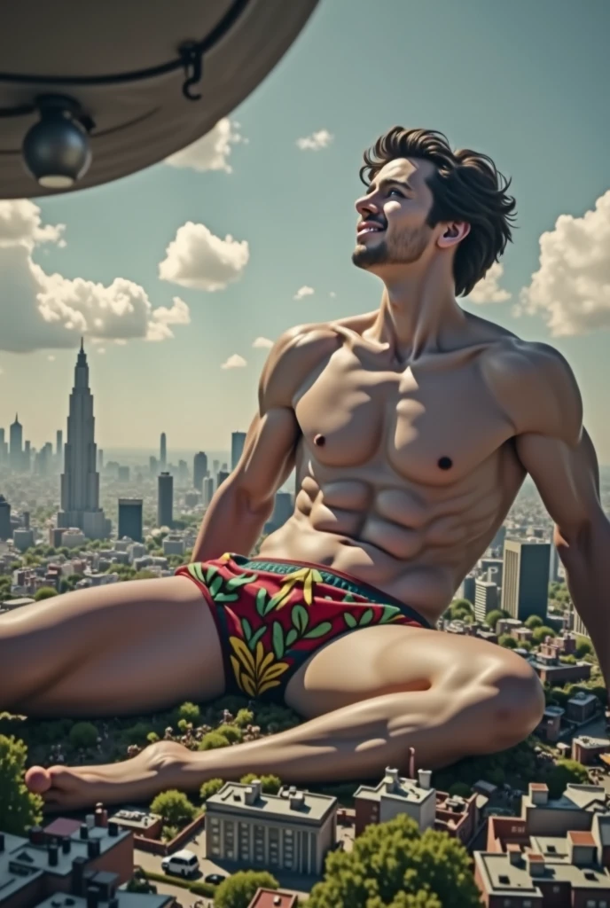 Giant Tom holland in a Speedo sitting on top of a tiny city 