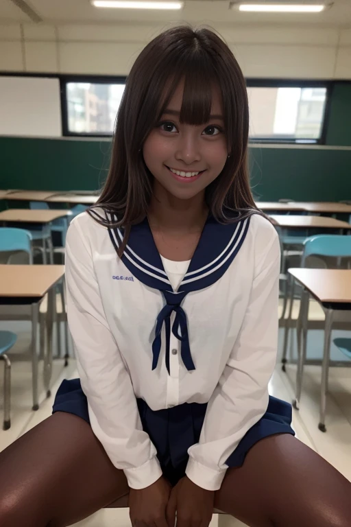 1girl, cute, , smiling, look at viewer, sailor uniform, seifuku, photo, realistic, best quality, hires, detailed face, classroom, detailed background, diffused lighting, depth of field, bokeh, (( dark skin:2.0 )),(((( spread legs sitting ))))