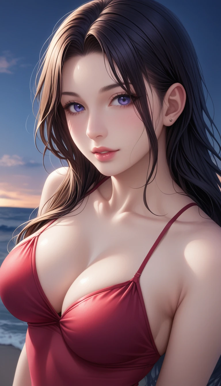 score_9, score_8_superior, score_7_superior, High-resolution CG illustration,A masterpiece in 32K resolution,Highest quality,it is really amazing,Very detailed,Ultra-high resolution,Ultra-realistic,Realistic,Increased depth of field,Cinematic lighting,
Sexy mature Japan woman,
Straight long hair with black hair,Showing his forehead,Ultra-detailed and beautiful face,Calm and gentle look,Beautiful brown, moist eyes,Glowing, moisturized skin,Translucent white skin,born々New skin texture,Great proportions,
Elegant red swimsuit,
Simple design,Chic color scheme based on red,詳細なborn地の質感,
(Dark and blurry background:1.1),Dark overcast sky on a dull night,Dark clouds filling the sky,Thundercloud,Coastline at night,Stormy seas,delay々A desolate sandy beach that continues,
(Beautiful cleavage:1.1),(High angle:1.1),