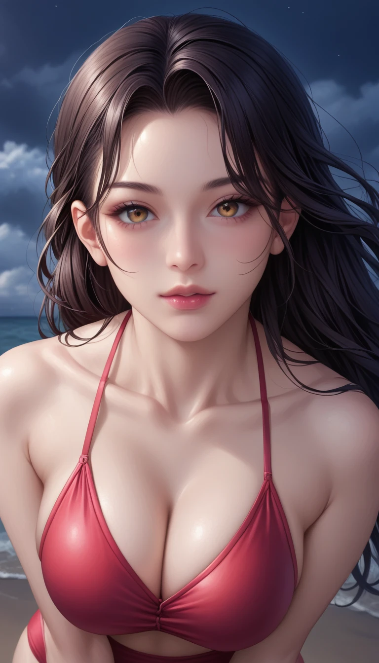 score_9, score_8_superior, score_7_superior, High-resolution CG illustration,A masterpiece in 32K resolution,Highest quality,it is really amazing,Very detailed,Ultra-high resolution,Ultra-realistic,Realistic,Increased depth of field,Cinematic lighting,
Sexy mature Japan woman,
Straight long hair with black hair,Showing his forehead,Ultra-detailed and beautiful face,Calm and gentle look,Beautiful brown, moist eyes,Glowing, moisturized skin,Translucent white skin,born々New skin texture,Great proportions,
Elegant red swimsuit,
Simple design,Chic color scheme based on red,詳細なborn地の質感,
(Dark and blurry background:1.1),Dark overcast sky on a dull night,Dark clouds filling the sky,Thundercloud,Coastline at night,Stormy seas,delay々A desolate sandy beach that continues,
(Beautiful cleavage:1.1),(High angle:1.1),