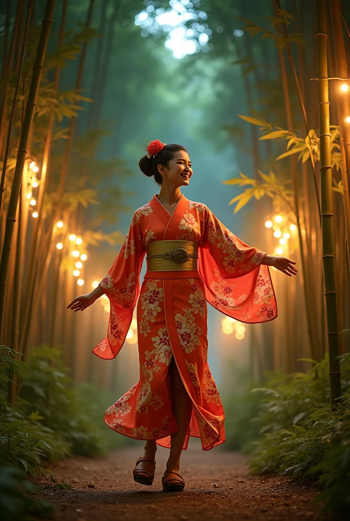 Summer Kimono，moonlight，lights，(Summer Festival，fiesta)，firefly，bamboo forest，Face lens，Smile，Clogs