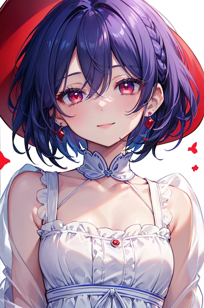 {{masterpiece}}, The best quality of life, 超High resolution, Attention to detail, high quality, High resolution, 最high quality, 4K, 8k,Attention to detail,((short indigo hair、Deep blue short hair)Braided Hair) 、 Cute female, 、One woman、(((Crimson Eyes、Red eyes、Red eyes、Beautiful attention to detail,Beautiful lip detail,A woman with beautiful eyes)))、Expressionless adult woman、((White background))、small but well-shaped breasts,、(((White Dress、tanding smiling、Cute Smile、Small earrings