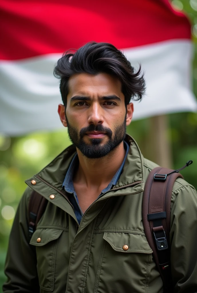 30 years old masculine jewish man, slight facial hair, full weight body, wavy black hair, short neck, straight front pose, half body portrait, outdoor outfit jacket, in front of Indonesia flag