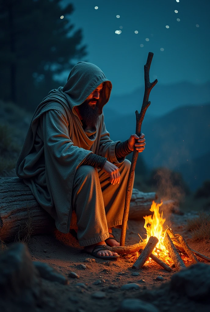 hooded man from the time of Christ sitting on a log in front of a campfire holding a stick in the dark