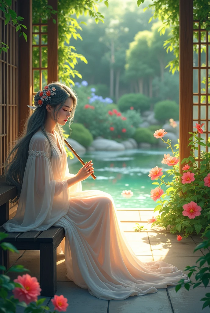2D, ancient style, Spring Garden, outdoor, gray hair, Hanfu, nature, There is a pond in the center of the courtyard, Begonias floating in a pond, A girl sitting on a bench in the hallway, Wearing a Transparent Feather Robe, Holding a bamboo flute, Random Body Pose, intricate details, best quality, ray tracing, expression, 8k, masterpiece