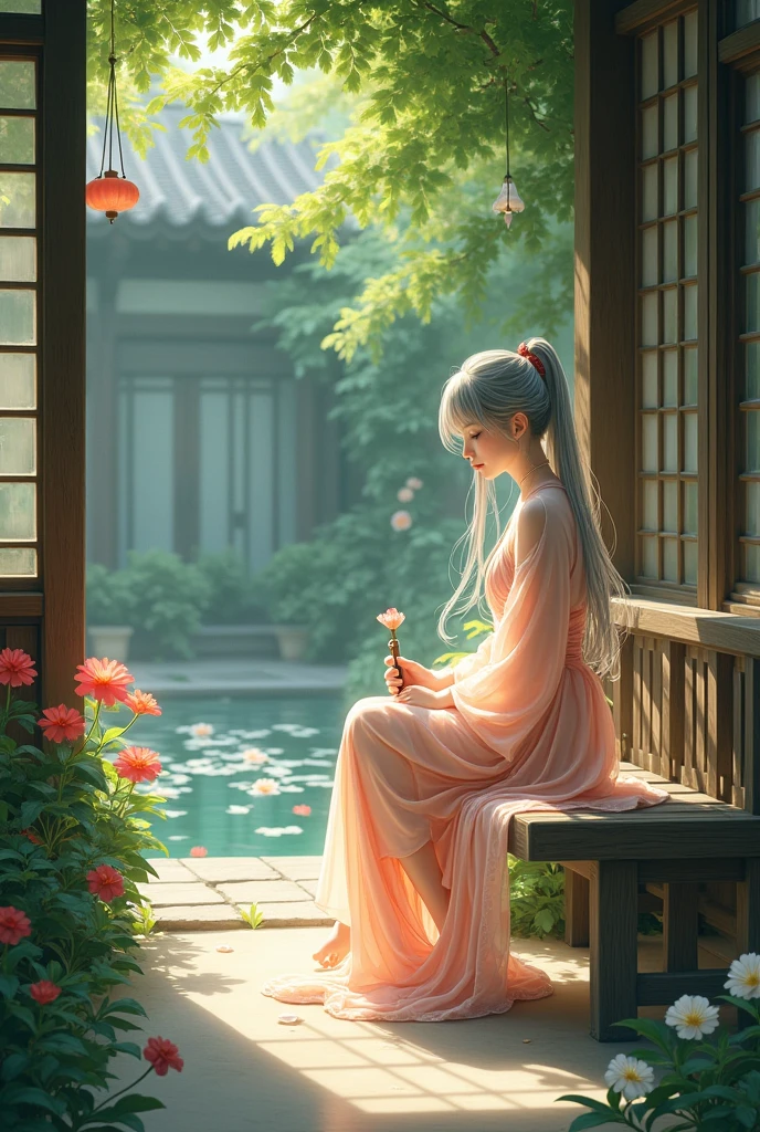 2D, ancient style, Spring Garden, outdoor, gray hair, Hanfu, nature, There is a pond in the center of the courtyard, Begonias floating in a pond, A girl sitting on a bench in the hallway, Wearing a Transparent Feather Robe, Holding a bamboo flute, Random Body Pose, intricate details, best quality, ray tracing, expression, 8k, masterpiece