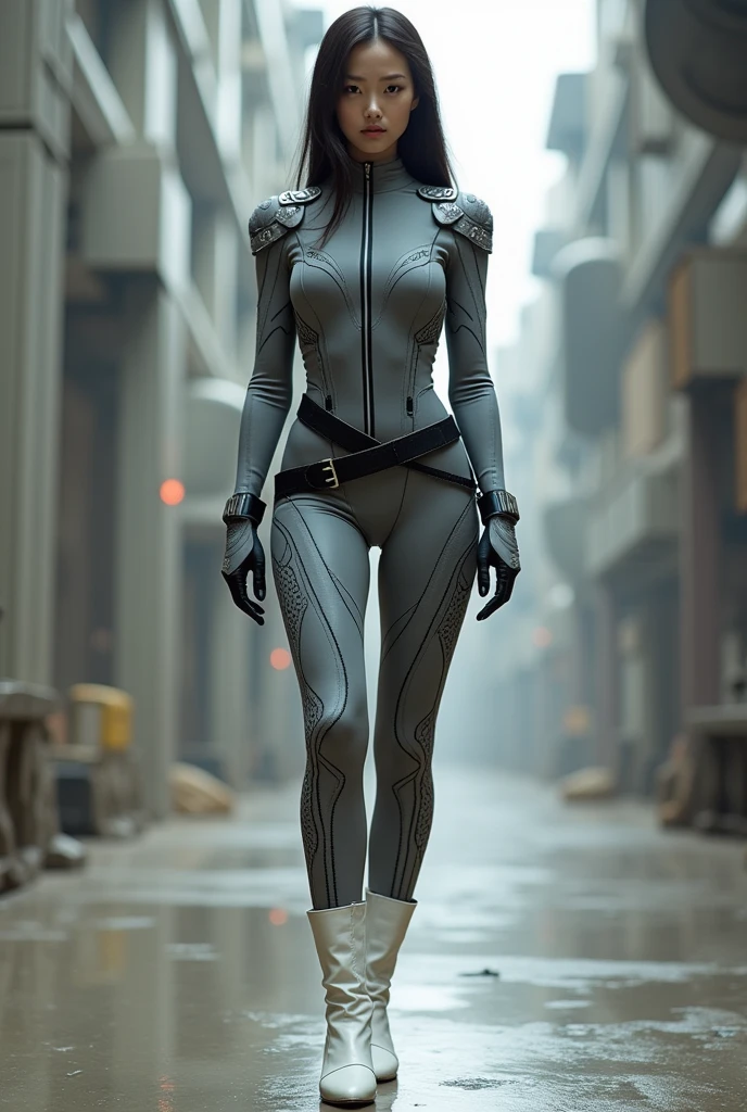A beautiful Japanese girl wearing a gray suit, Wearing a tight suit, A beautiful Japanese woman wearing a futuristic gray suit, 滑らかなgreyタイトな服のスーツ, greyレオタードを着て, White stitching、Star Wars Imperial Agent, Female Stormtrooper, Full Body Shot, full body, The tight-fitting suit, grey、Black pattern、(The waist design is black leather)、Black Belt、Black full harness:1.5、Long legs、White boots、The suit has large white detailed zippers.、Get angry、