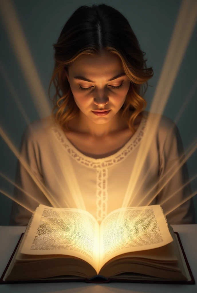 Draw an open book representing the law, with rays of light emanating from it. Facing the book, there is a figure of a person reading, with an expression of understanding and tranquility. This symbolizes that the laws are clear and understandable, providing security to citizens.