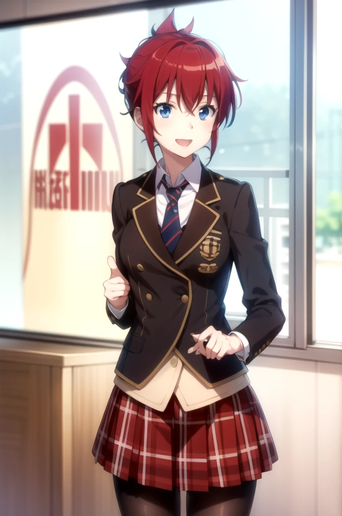 Highest quality, masterpiece, Very detailed,
Aoi Sakurai RW,
Open your mouth, A light smile,
blue eyes, Redhead, short hair, ミディアムshort hair,
school uniform, blazer, tie, Red Skirt, pantyhose,
Are standing, Looking at the audience,
classroom，
love affair，Date，Confessed