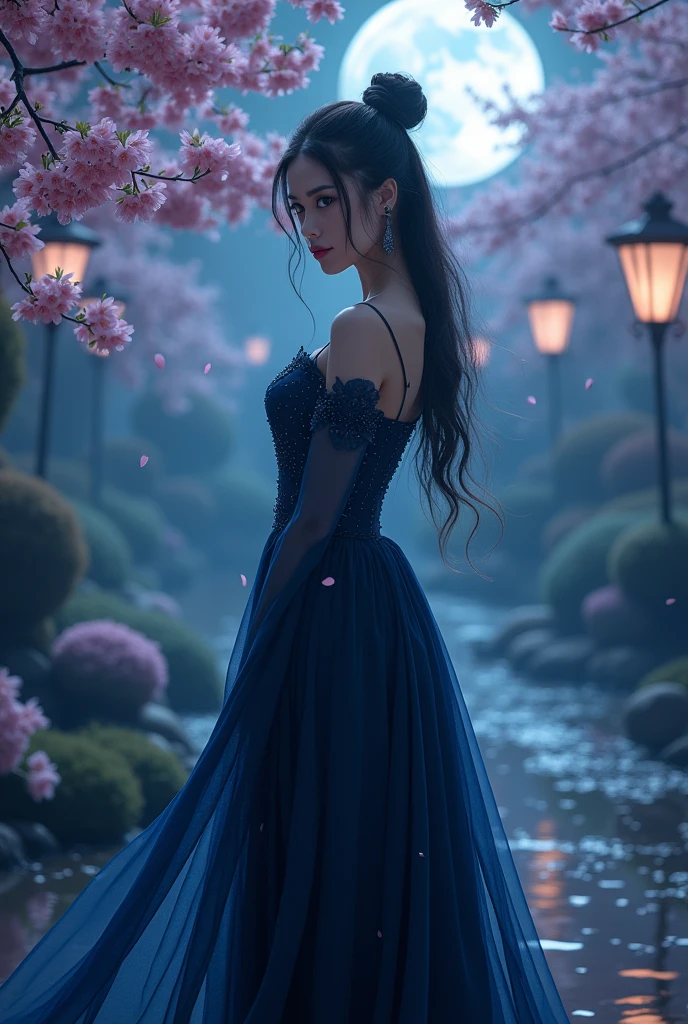 Kitana wears a dark blue dress and has Japanese eyes.