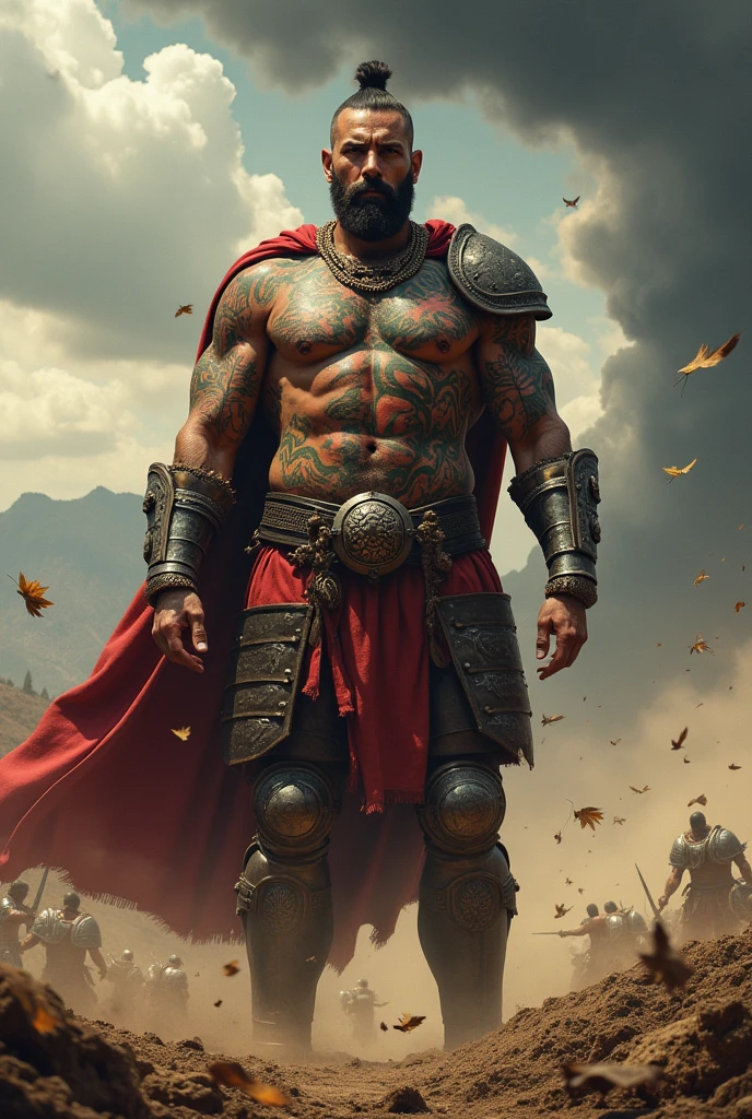 Strong, tall, slightly overweight warrior with scars, tattoos, a small beard, and armor.