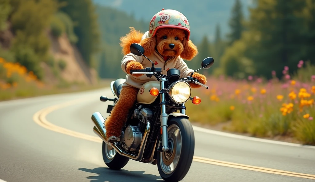 orange poodle riding a Honda Revo motorcycle at high speed around a curve, wearing a cute hoodie and helmet , add text to path